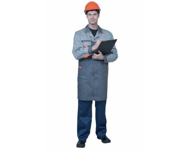  Халат рабочий мужской, темно-серый со светло-серым и оранжевой отделкой
