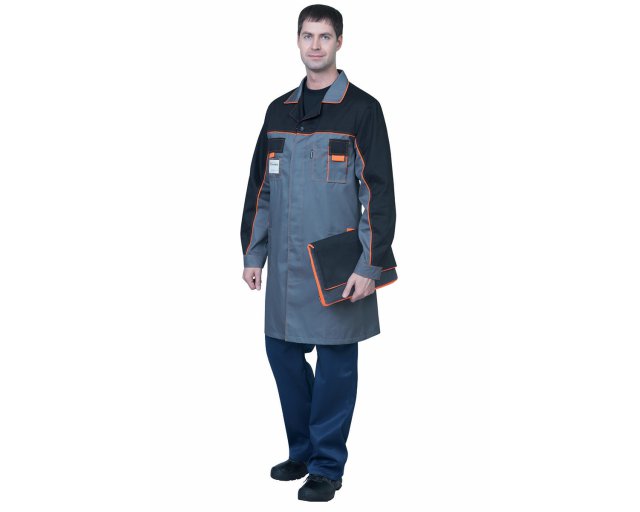  Халат рабочий мужской, темно-серый с черным и оранжевой отделкой